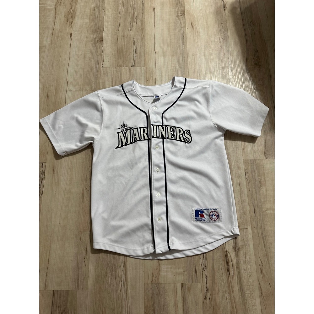 vintage Russell Athletic Seattle Mariners white button-up baseball jersey Y14/16